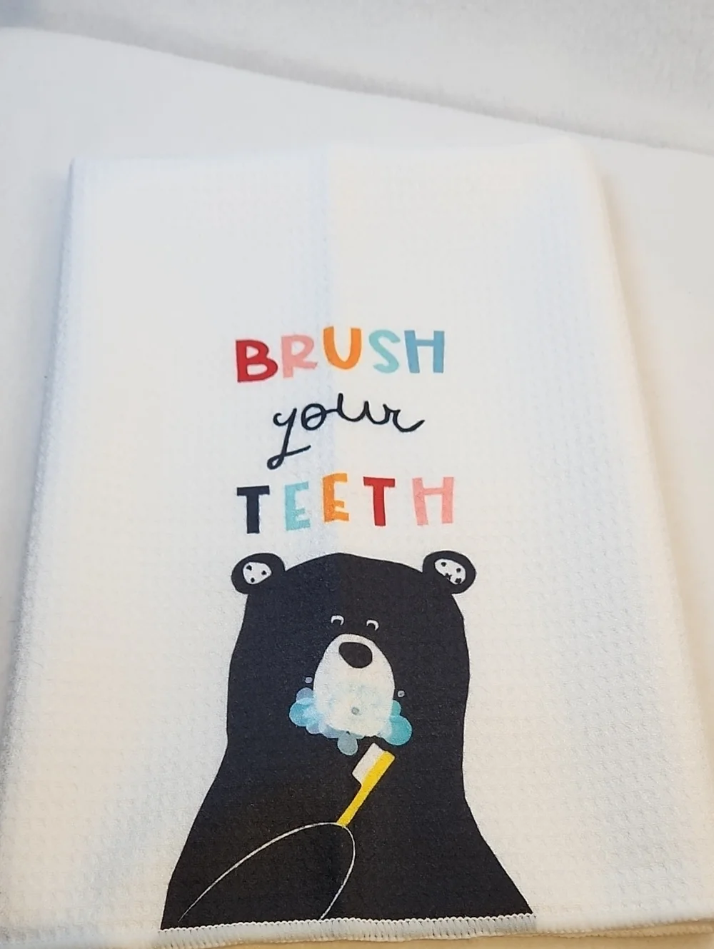 Brush Your Teeth White Waffle Weave Hand Towel - Kids BEAR Graphic
